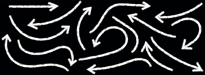 Hand-drawn thin line arrows set. Arrow icon. Doodle arrow. Collection of different arrow signs. Many vector curvy and wavy arrows. White hand-drawn doodle arrow set.