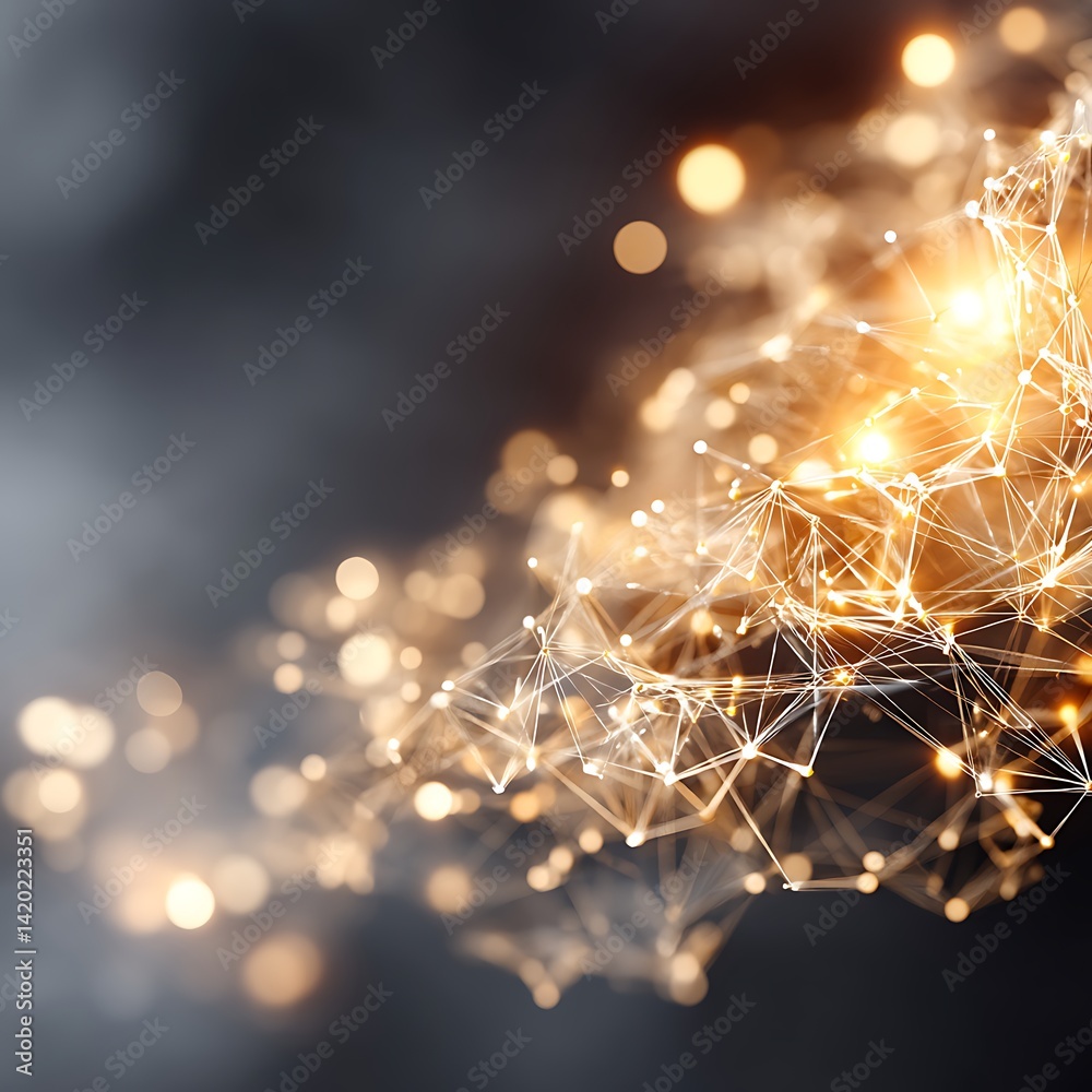 Poster network connectivity plexus and data mesh in digital technology abstract golden glow visualization.