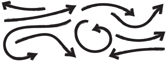 Hand-drawn black arrows icons vector design. Swirls arrows, doodle lines icon set, Hand-drawn line arrows set. Vector curvy, wavy, and straight arrows isolated on a white background.