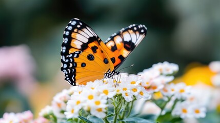 Obraz premium Orange and black butterfly rests on small white flowers