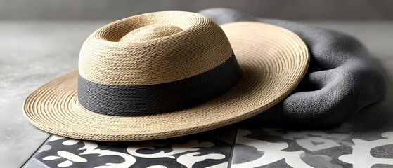 Stylish straw hat resting on patterned surface