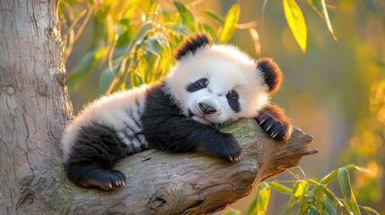 Obraz premium Adorable panda cub rests peacefully on a tree branch.