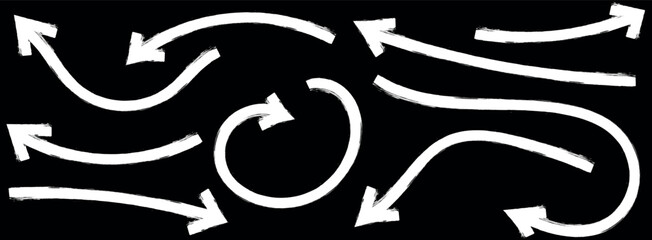 Hand-drawn thin line arrows set. Arrow icon. Doodle arrow. Collection of different arrow signs. Many vector curvy and wavy arrows. White hand-drawn doodle arrow set.