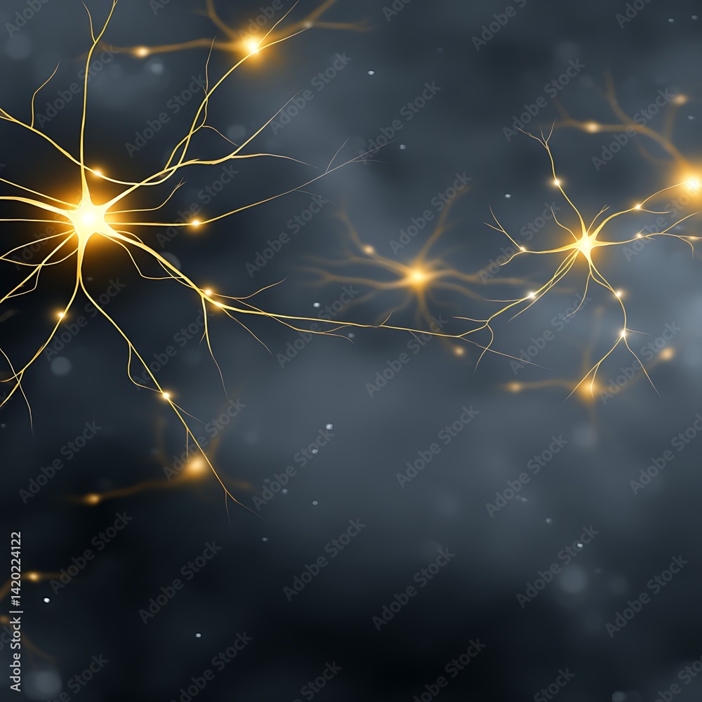 Wall mural neural network illustration connecting points of light and branches with glowing energy and dark bac
