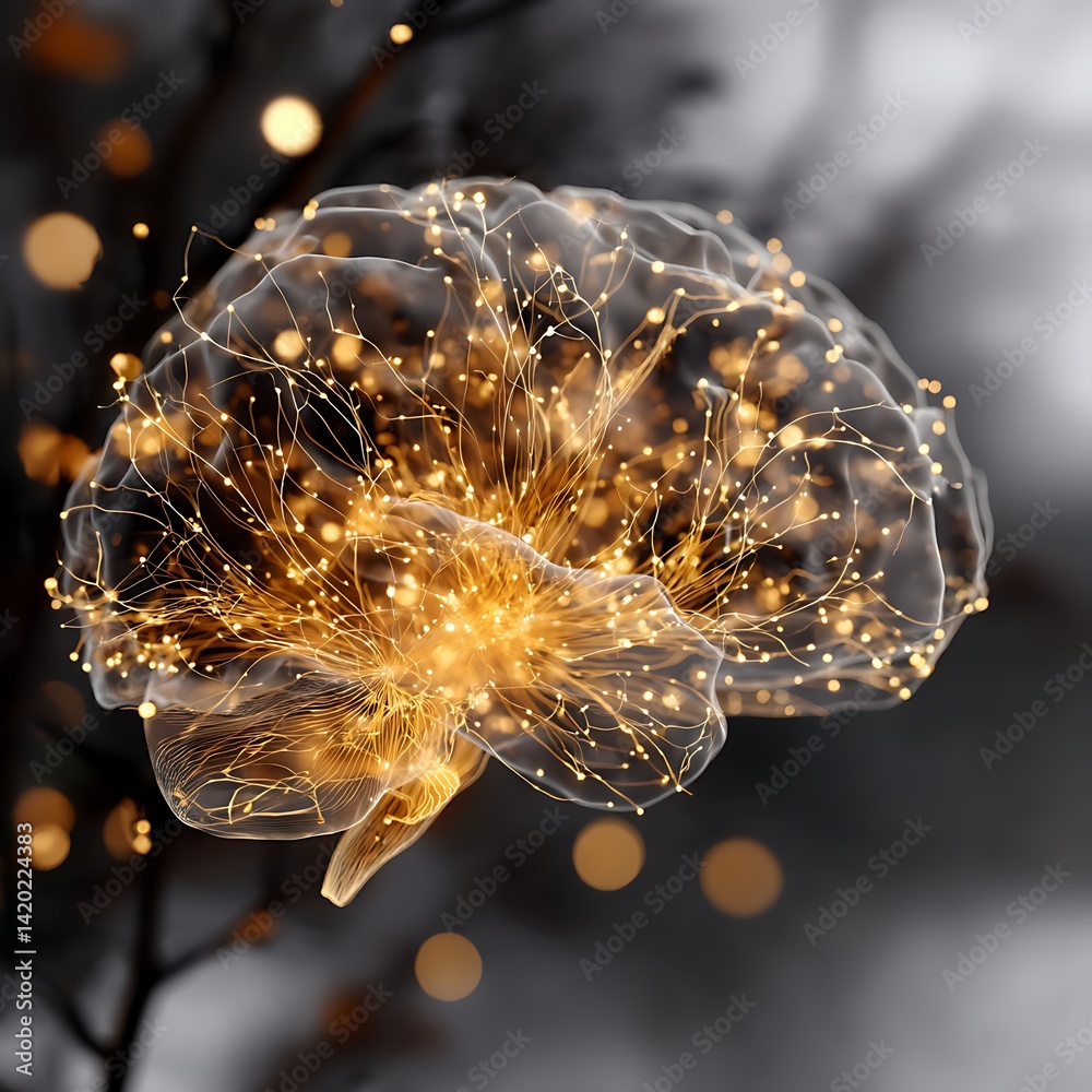 Poster neural network visualization of the human brain with abstract connections and glowing nodes