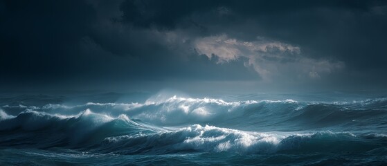 Obraz premium Dramatic seascape featuring turbulent ocean waves under moody skies, evoking a sense of storm and awe.