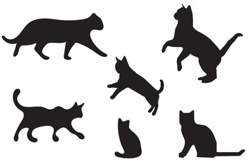 Set of cats silhouette in different poses. Hand drawn black cats isolated on white background. Vector illustration of Halloween decorative elements for design decor.