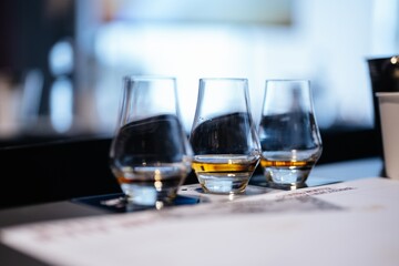 Enjoying a whiskey tasting experience in a modern bar setting with friends