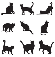 Set of cats silhouette in different poses. Hand drawn black cats isolated on white background. Vector illustration of Halloween decorative elements for design decor.