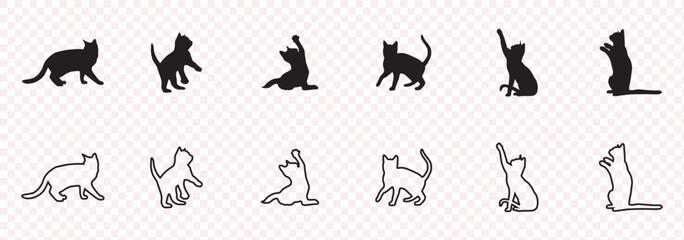 Silhouette of vector black cat, feline, pet animal, kitten or kitty in various poses isolated on white background. Cute cat breed symbol, sticker or icon. Wild animal or cat silhouette doodle line art