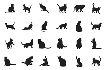 Set of cats silhouette in different poses. Hand drawn black cats isolated on white background. Vector illustration of Halloween decorative elements for design decor.