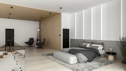 Modern Minimalist Bedroom Interior with City View and Cozy Interior Design, 3D Rendering
