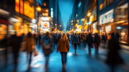 Obraz premium Blurred background of a busy street with people walking at night, with a bokeh effect.