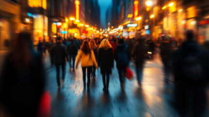 Fototapeta premium Blurred background of a busy street with people walking at night, with a bokeh effect.