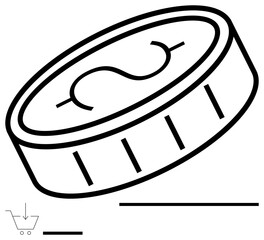 Coin with dollar sign next to a shopping cart icon and lines for financial transaction. Ideal for e-commerce, banking, investment, savings, online shopping, retail, simple landing page