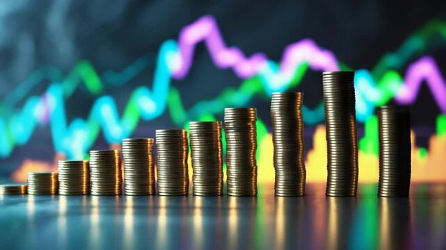 Imaginative video presenting the progression of coin stacks and the notion of financial growth through double exposure.