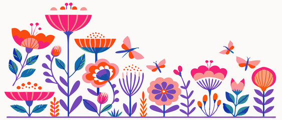 Whimsical Floral Illustration with Butterflies – Colorful Vector Design in Scandinavian Folk Art Style
