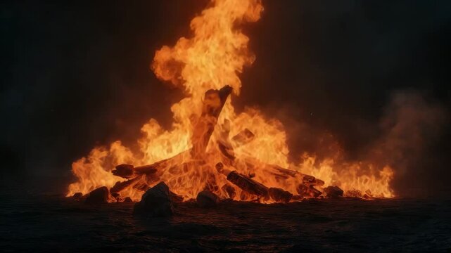 Authentic fire flames and infernal blaze against a black backdrop, producing a striking effect.