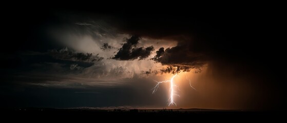 A dramatic lightning strike illuminates dark storm clouds, creating a stunning contrast of light and shadow in the night sky.
