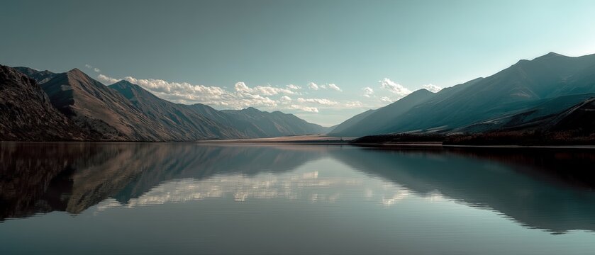 Serene landscape of mountains and a calm lake reflecting the sky, showcasing a tranquil natural scene.