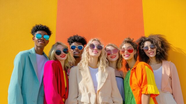 A vibrant group portrait featuring five individuals seated against colorful backgrounds in green, blue, purple, red, and teal.