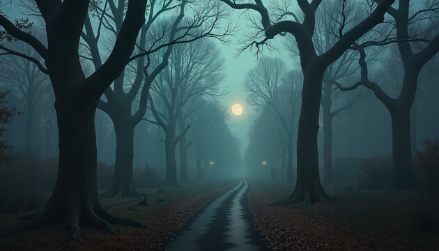 Misty pathway lined with bare trees under a full moon  