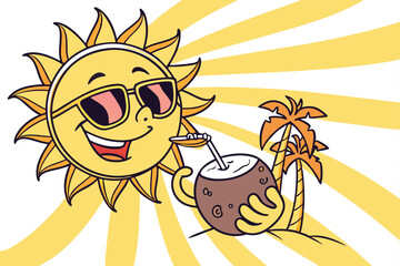 21 Cartoon sun character, smiling, wearing sunglasses, holding coconut drink, tropical reflection in sunglasses, beach scene, palm trees, bright yellow and orange colors, summer vacation vibes, cheerf
