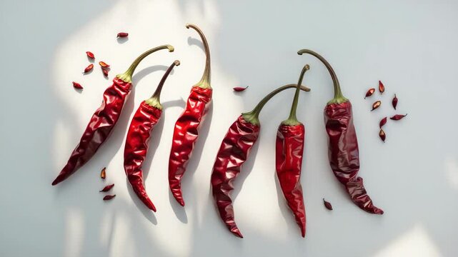 Creative display of chilies on a backdrop. Overhead view. Cooking theme.