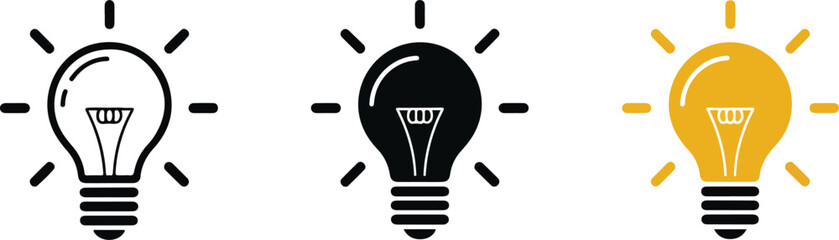 Three Light Bulb Icons White, Black, and Yellow