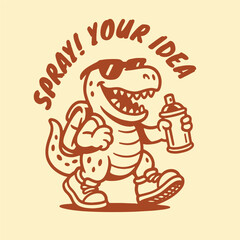 illustration of a t-rex dinosaur walking wearing a backpack while carrying spray paint