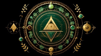Ornate Emerald Eye Mystic Symbol Gold Design Esoteric Occult Sacred Geometry Pattern Background.