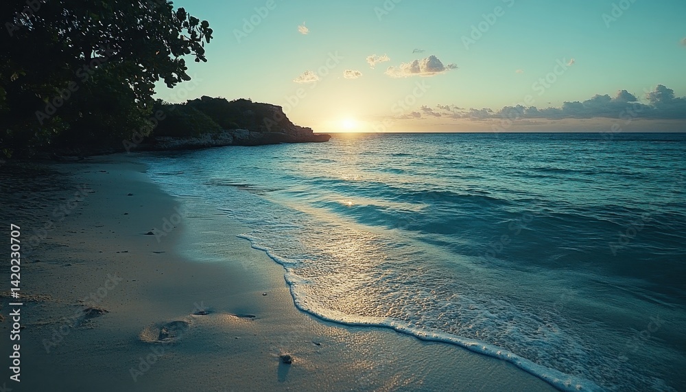 Poster serene sunset along a tranquil beach with gentle waves lapping at the shore on a clear evening