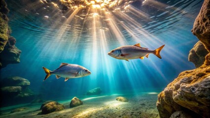 Fototapeta premium Radiant Sunlight Illuminates Two Graceful Fish Swimming in a Crystal-Clear Underwater Scene