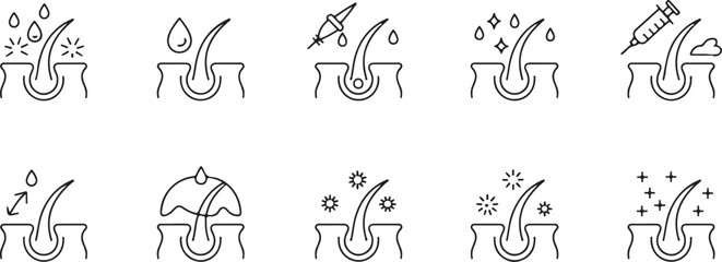 Hair Growth Treatment Methods Icons Set Line Style