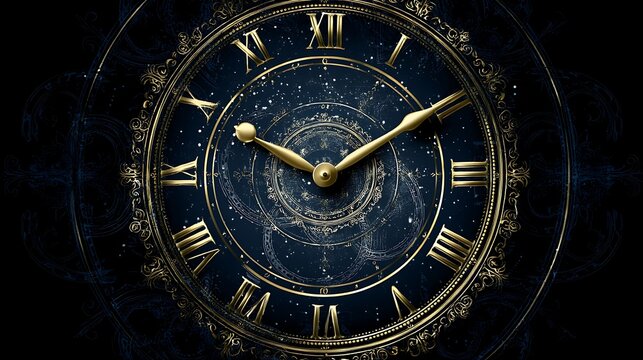 Ornate Timepiece Showing Celestial Patterns and Gold Roman Numerals Against a Dark Background.