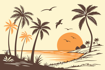 22 Tropical sunset, palm trees silhouette, golden sky, orange sun, calm ocean, birds flying, beach landscape, warm tones, serene atmosphere, vector art style, symmetrical composition, peaceful scene, 