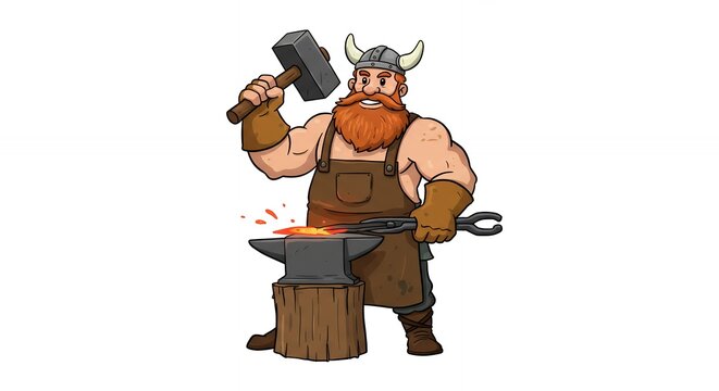 Muscular blacksmith cartoon illustration strong man hammering anvil