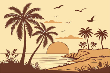 22 Tropical sunset, palm trees silhouette, golden sky, orange sun, calm ocean, birds flying, beach landscape, warm tones, serene atmosphere, vector art style, symmetrical composition, peaceful scene, 