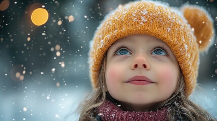 Child gazing at falling snow amidst festive lights in winter wonderland (1)