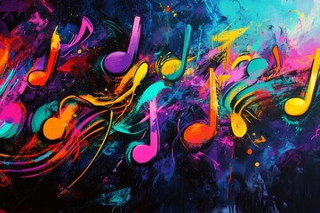 Black musical notes on vivid paint splatters spanning color spectrum. Dynamic and creative fusion of sound and art evokes energetic expression. Neural network AI generated