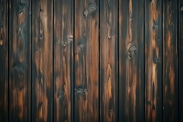 Obraz premium Close-up view of textured wooden wall with rich brown tones showcasing grain patterns. Warm lighting accentuates woods natural texture and color variation. Neural network AI generated