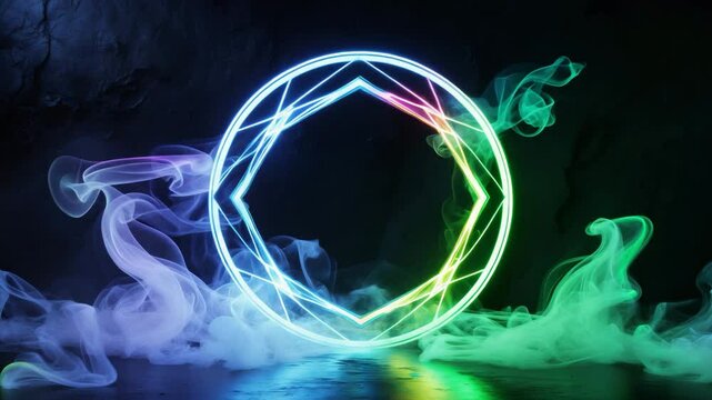 Futuristic sci-fi scene with glowing neon geometric circle and mystical portal against a dark background, featuring modern smoke effects