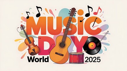 Colorful World Music Day Poster with Instruments and Bold Typography