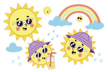 24 Cartoon sun characters, cute emoji faces, colorful expressions, rainbow and clouds, sunglasses, purple hat, drinking cocktail, happy sun icons, bright yellow, sky blue accents, cheerful illustratio