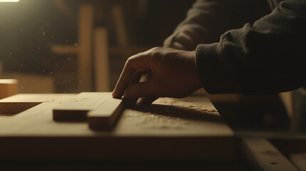 Carpenter measuring wood for a furniture project. Featuring precision and craftsmanship