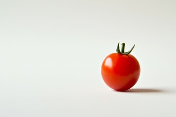 Single cherry tomato stands on soft blue background. Tomatos vibrant red contrasts with gentle hue, highlighting its freshness and simplicity. Neural network AI generated