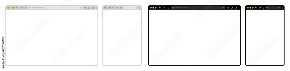 Aufkleber Browser window website mockup template with PNG frames for PC, laptop, tablet, and mobile, in light and dark modes. UI vector illustration isolated on transparent background.