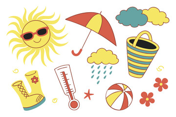 25 Weather icons, sun, clouds, rain, tornado, cartoon style, bright colors, summer vacation, beach accessories, sunglasses, bikini, beach ball, sunscreen, thermometer, lightning, umbrella, rain boots,