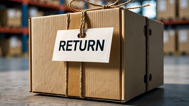 Cardboard box labeled return sits on warehouse floor between inventory racks