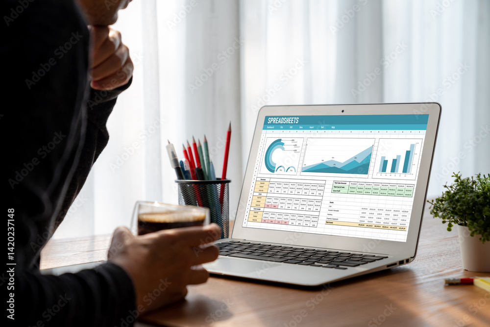 Poster spreadsheet document information financial startup concept. data and graphs in spreadsheet documents